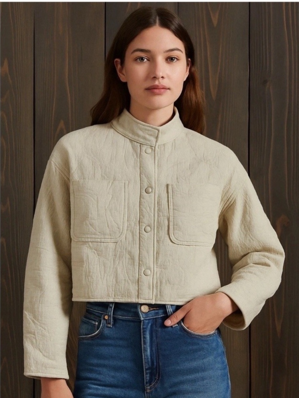 7 For All Mankind Cropped Quilted Jacket in Cream